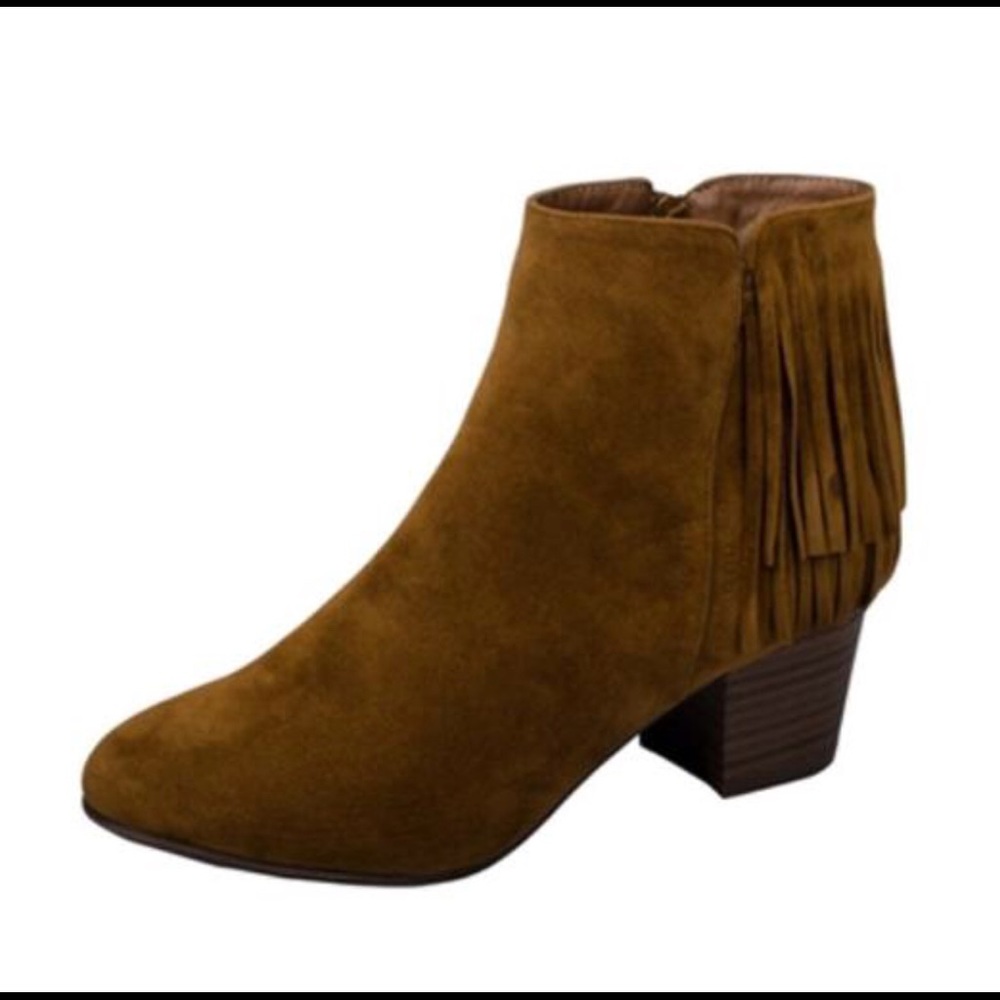 Tan suede fringe bootie